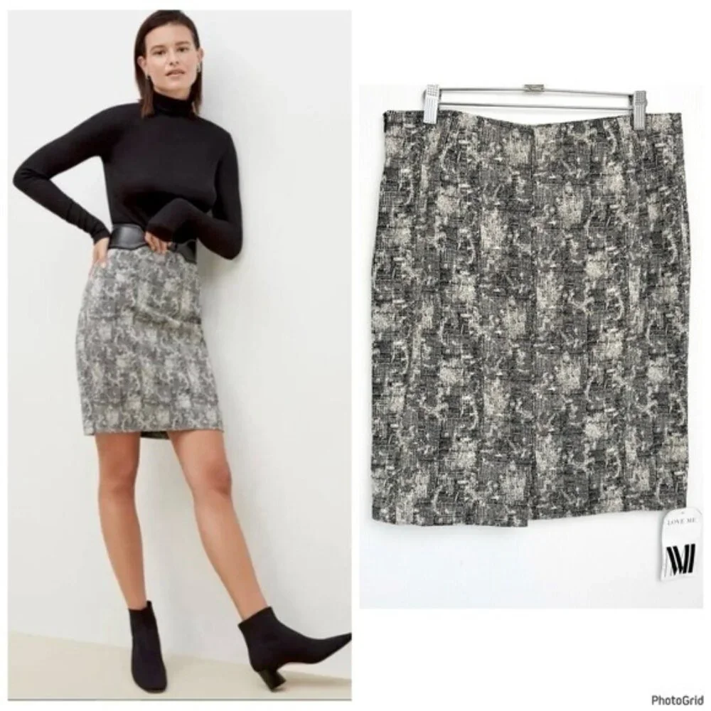 MM. Lafleur Crosby Pencil Skirt Scribble Jacquard Black Cream Size 8 NEW